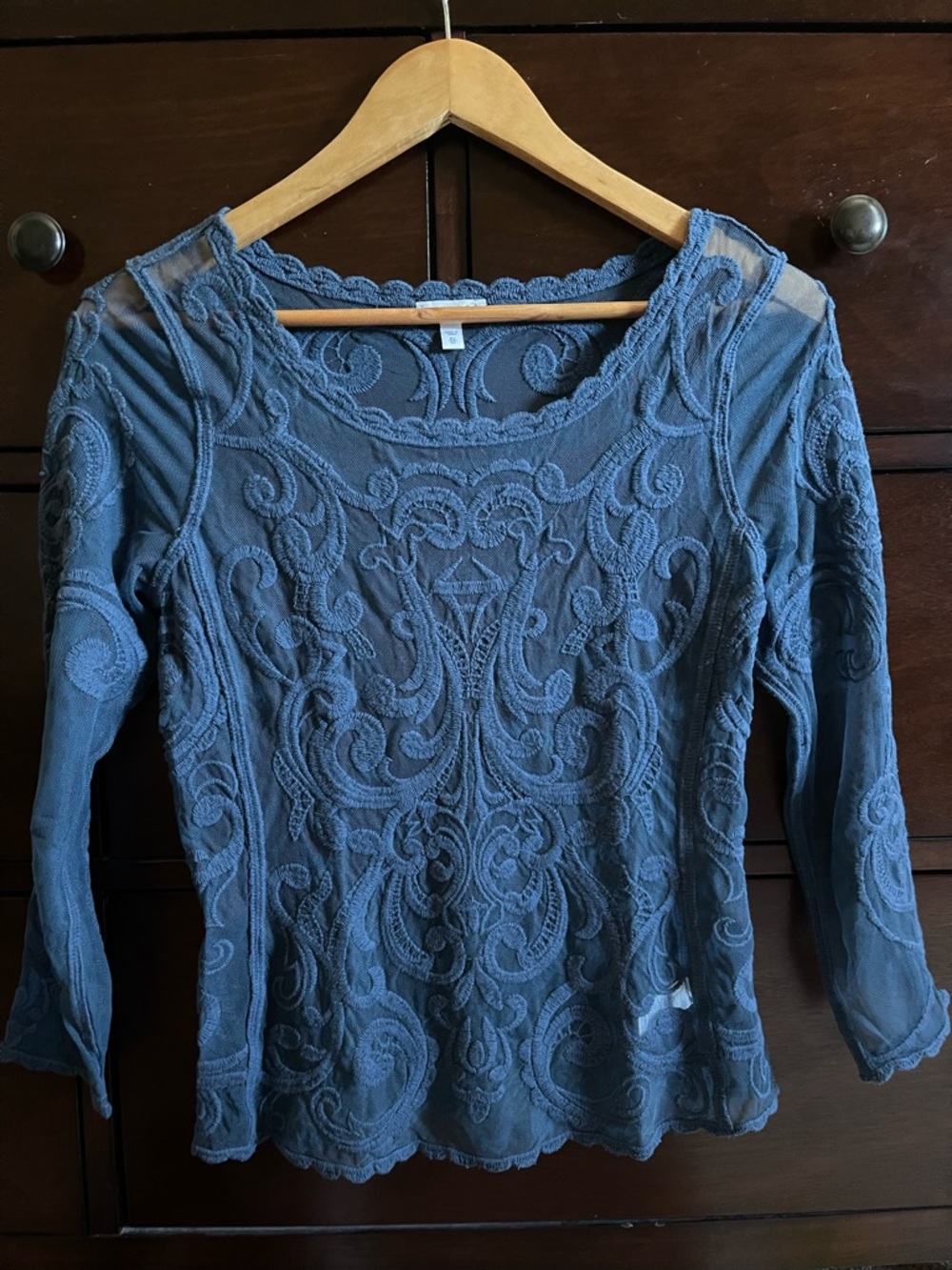 Express Blue Embroidered Scoop Neck Blouse